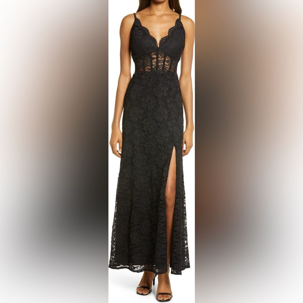 NWT Juniors Morgan & Co. Long Black Lace Corset Scallop Bodice‎ Sheath Dress 3